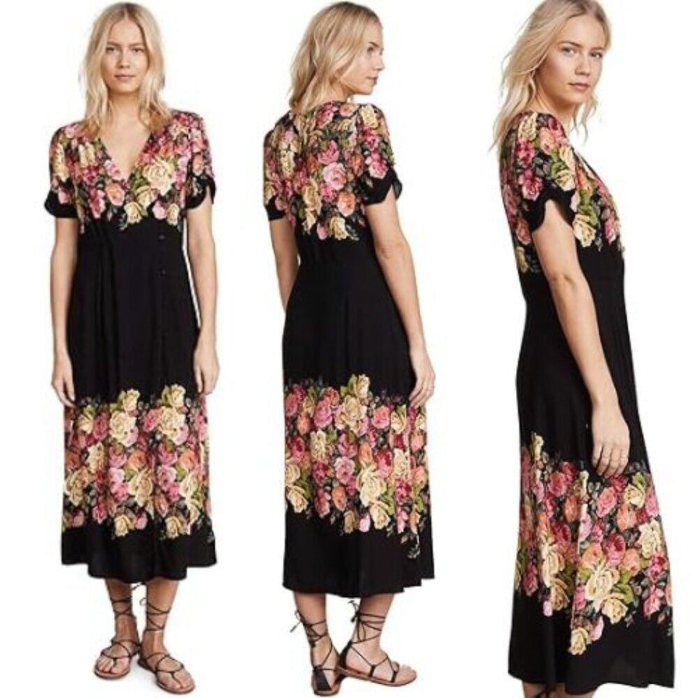 Free People Black Jaimie Floral V-Neck Midi Dress Size Medium 23974